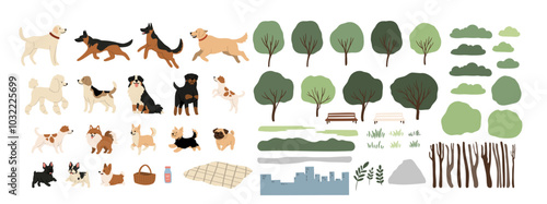 This charming vector illustration showcases various dog breeds enjoying the outdoors, surrounded by lush trees and vibrant foliage. Hand-drawn style adds warmth, celebrating companionship in nature.