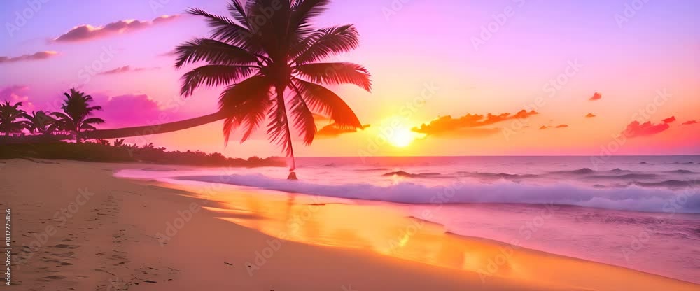 Exotic tropical palm trees at sunset, with golden light casting long shadows on the sandy beach Exotic tropical palm trees at sunset, with golden light casting long shadows on the sandy beach