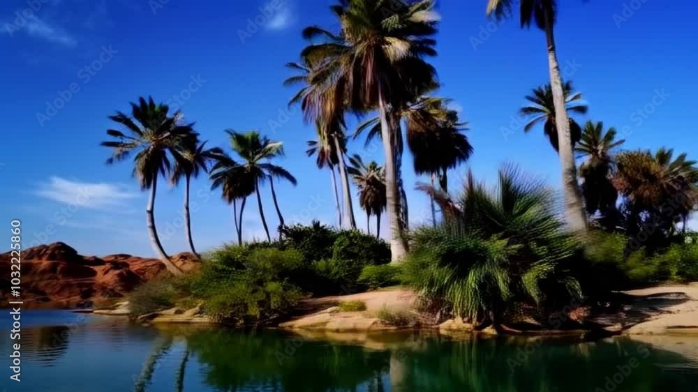Tranquil Oasis Scene Featuring Palm Trees and Reflective Water Tranquil Oasis Scene Featuring Palm Trees and Reflective Water