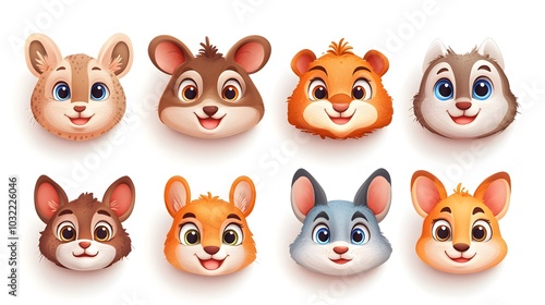 Cute cartoon animal avatars, white background, avatar set