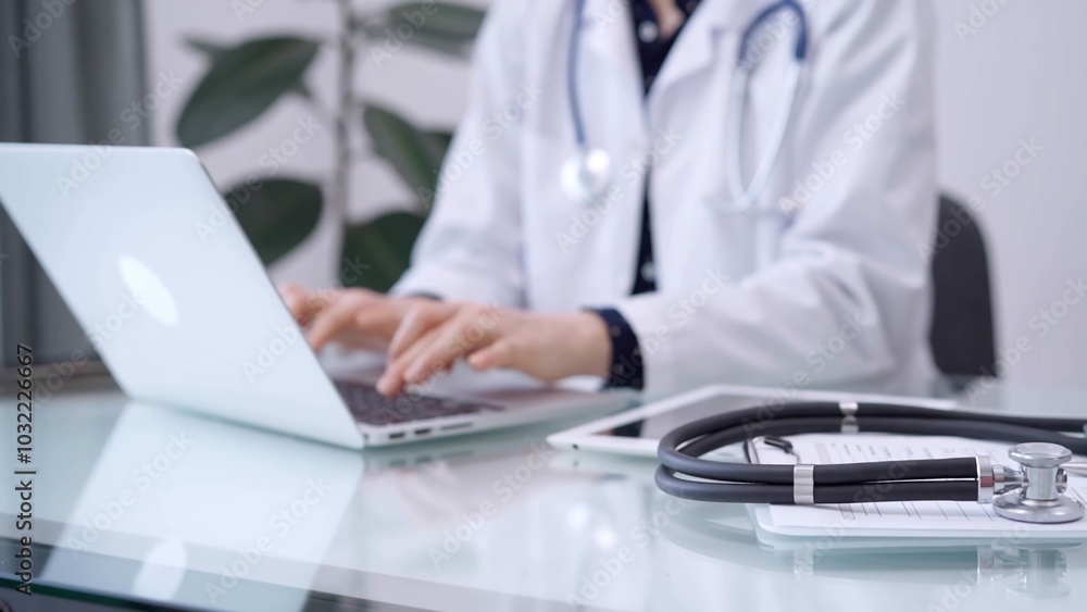 Clipboard with medical records and stethoscope are lying on the glass table while doctor woman is using tablet computer on the glass table. Medicine concept Clipboard with medical records and stethoscope are lying on the glass table while doctor woman is using tablet computer on the glass table. Medicine concept
