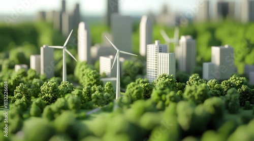 Modèle 3D d'une ville verte avec des immeubles et des éoliennes, sur fond de forêt, concept d'énergie renouvelable écologique.