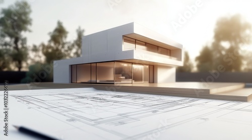 Plan détaillé d'une maison moderne avec conception architecturale et plans de construction, présentant l'agencement de la structure et les espaces intérieurs, sur un fond flou. photo