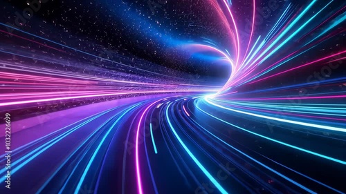 Futuristic neon light tunnel with vibrant trails.