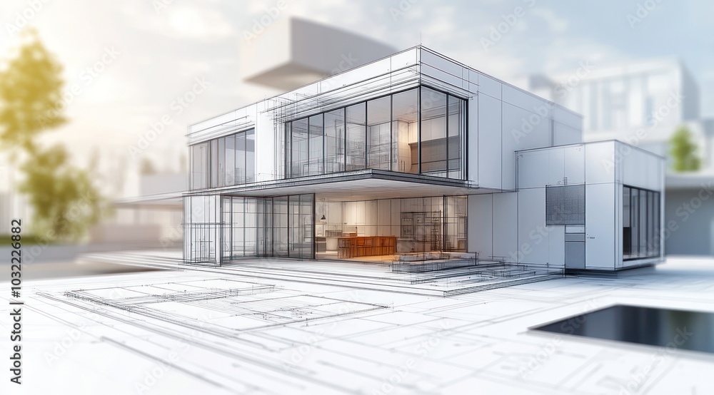 Plan détaillé d'une maison moderne avec conception architecturale et plans de construction, présentant l'agencement de la structure et les espaces intérieurs, sur un fond flou. Plan détaillé d'une maison moderne avec conception architecturale et plans de construction, présentant l'agencement de la structure et les espaces intérieurs, sur un fond flou.