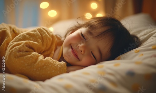 Happy smile child sleep with good dream in bed, Generative AI