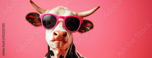 Une vache drôle et amusante portant des lunettes de soleil sur un fond de couleur rose, image avec espace pour texte.