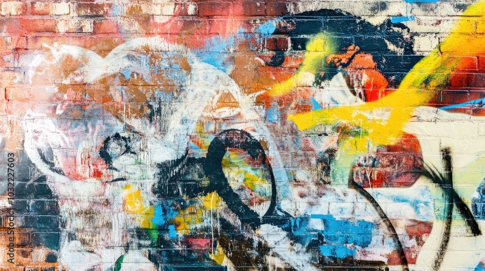Naklejka premium Colorful graffiti wall, urban art, vibrant street scene, abstract mural, colorful paint splashes