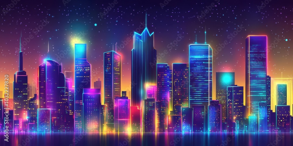Neon city skyline with starry sky. Neon city skyline with starry sky.