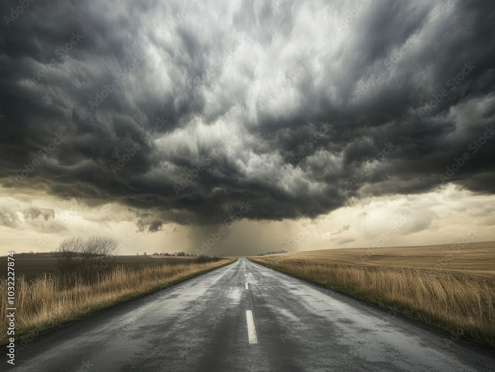 Dramatic Sky over Empty Road, Storm Clouds Gathering, Moody Landscape Dramatic Sky over Empty Road, Storm Clouds Gathering, Moody Landscape