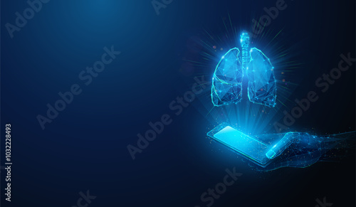 Abstract illustration of low poly human lungs over smartphone in hand. Blue geometric background depicting pulmonary system healthcare monitoring medical concept by wireframe connection structure