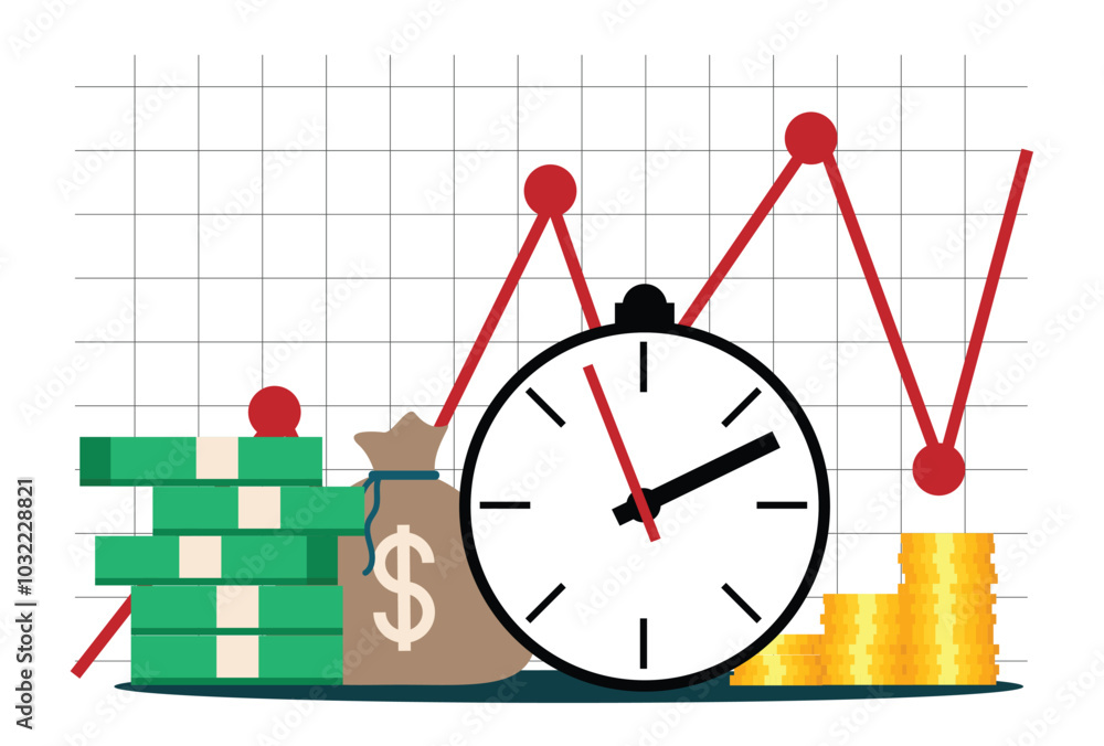 Sales Graph with Stacks of Dollars and Clock Time is Money Concept. Banking and doing business vector art Sales Graph with Stacks of Dollars and Clock Time is Money Concept. Banking and doing business vector art
