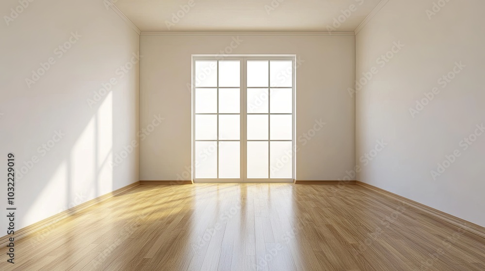 Bright Empty Room with Wooden Floor and Large Windows Bright Empty Room with Wooden Floor and Large Windows