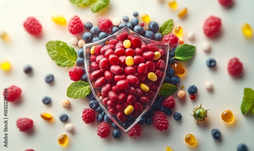 Immune System Defense shield-shaped organ surrounded by protective elements like vitamins and antioxidants, symbolizing the role of the immune system in defending against, Generative AI Immune System Defense shield-shaped organ surrounded by protective elements like vitamins and antioxidants, symbolizing the role of the immune system in defending against, Generative AI
