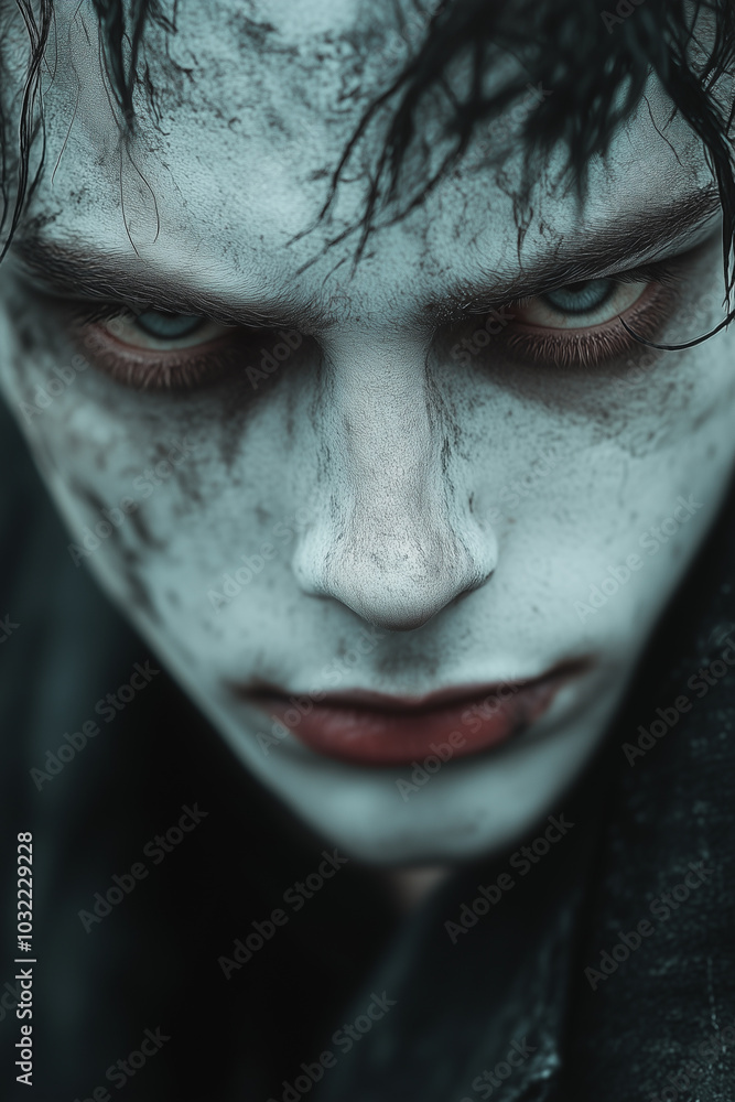 A man with a pale, white-black painted face, creating a haunting and nightmarish appearance. A man with a pale, white-black painted face, creating a haunting and nightmarish appearance.