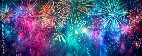 Multicolored fireworks background. Christmas New Year banner.