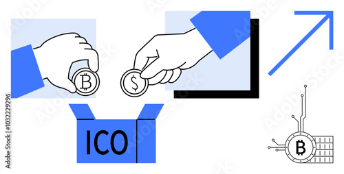 Hands place coins marked with dollar and bitcoin signs into an ICO box. Bitcoin network symbol, growth arrow. Ideal for ICO, cryptocurrency, blockchain, fintech, investment. Colorful, contemporary