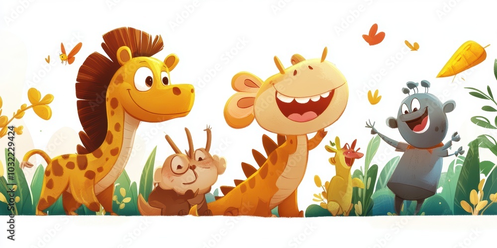 Fototapeta premium Smiling cartoon animals in a jungle setting.