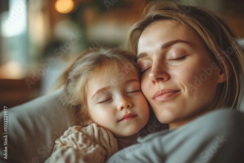 Dreamy mother embracing small daughter, resting on couch and looking away, enjoy moments together at home, free space, Generative AI