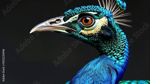 Close-up of a vibrant peacock with striking plumage, detailed portrait. Exotic wildlife and nature beauty concept.