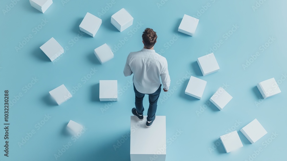 A person standing on a white pedestal surrounded by geometric shapes on a blue backdrop, contemplating decisions in a creative space A person standing on a white pedestal surrounded by geometric shapes on a blue backdrop, contemplating decisions in a creative space