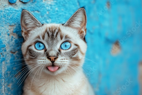 Grey and white blue-eyed cat portrait with tongue sticking out, funny face expression closeup, blue background, Generative AI