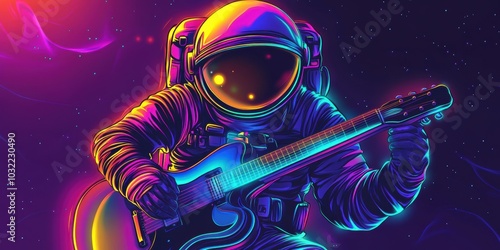 Neon astronaut plays guitar in space.