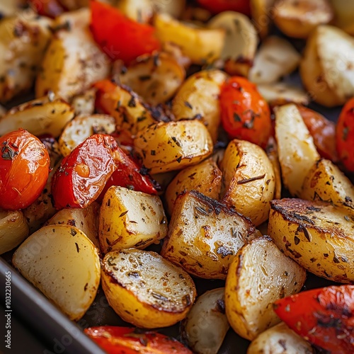 A tray of roasted potatoes and cherry tomatoes, seasoned with herbs, offering a colorful and healthy dish.