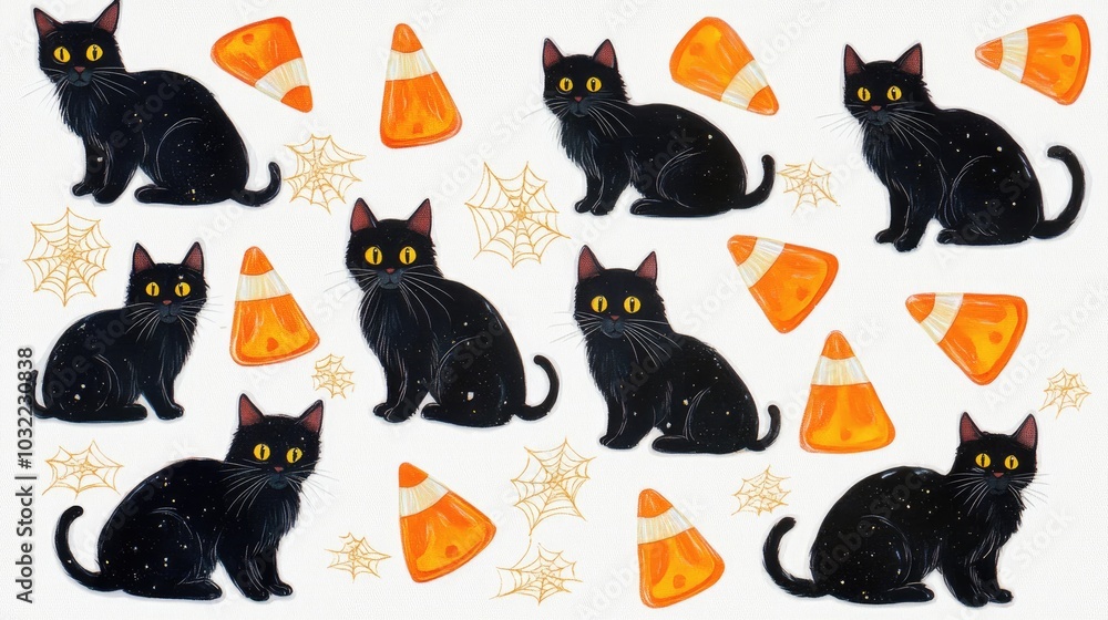 Cute Halloween stickers with cheerful designs like candy corn, black cats, and spooky spider webs, artistically arranged on a pristine white surface. Cute Halloween stickers with cheerful designs like candy corn, black cats, and spooky spider webs, artistically arranged on a pristine white surface.