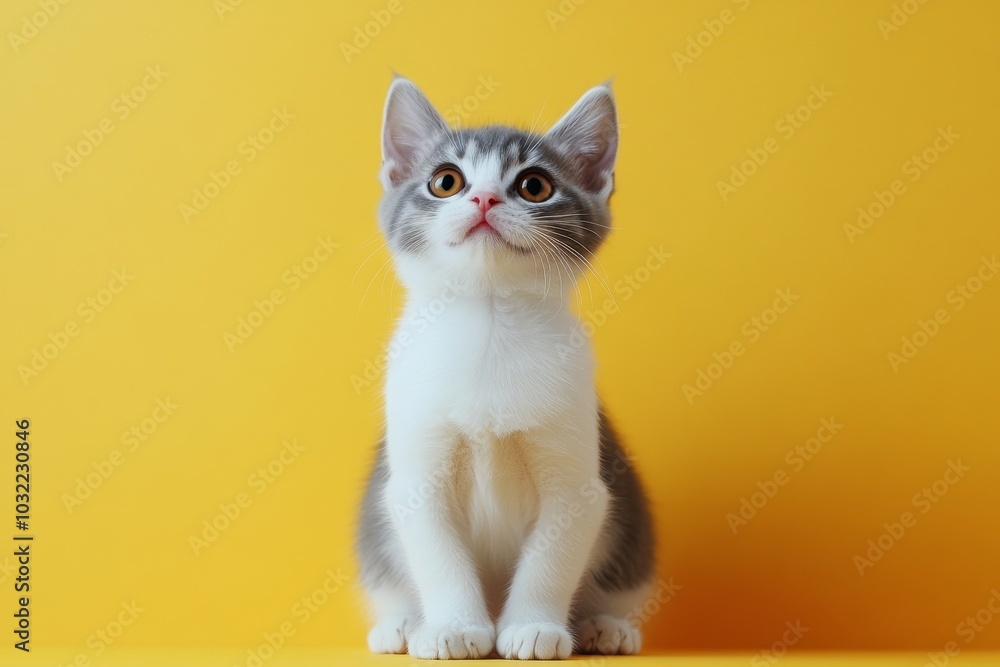 Funny fat white and grey cat sitting on bright yellow studio background, looking away, free space for your design, Generative AI Funny fat white and grey cat sitting on bright yellow studio background, looking away, free space for your design, Generative AI