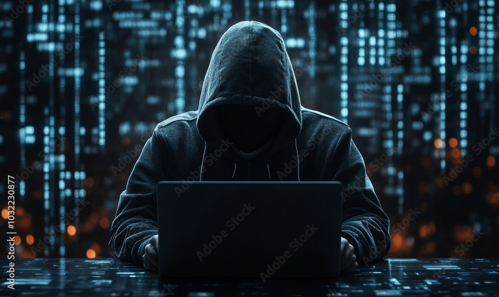 Hacker hacking with laptop and data screen background, Generative AI Hacker hacking with laptop and data screen background, Generative AI