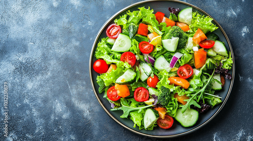 Fresh vegetable salad on plate for healthy vegetarian meal.