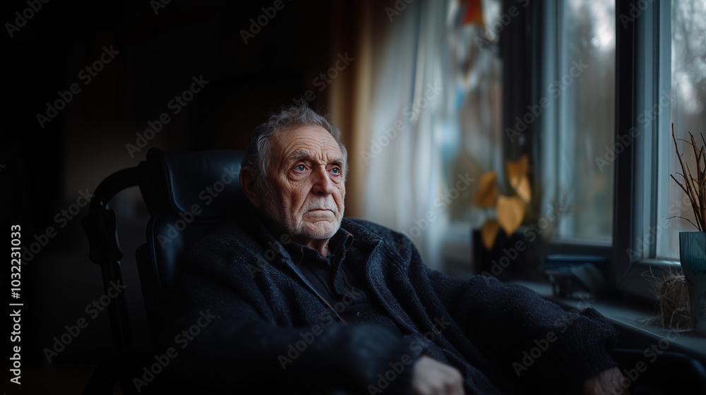 Elderly man with a thoughtful expression, sitting in a dark room, illuminated by soft, ambient light coming through the window. Elderly man with a thoughtful expression, sitting in a dark room, illuminated by soft, ambient light coming through the window.