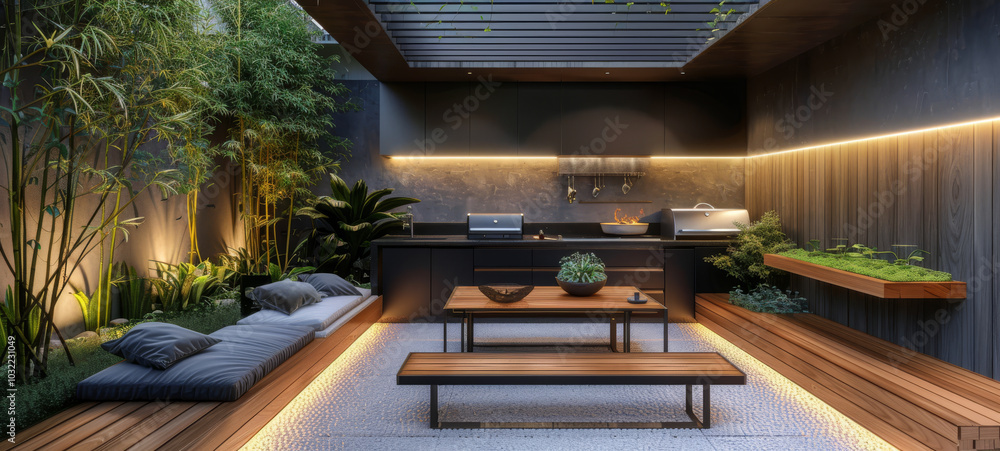 Fototapeta premium BBQ zone. BBQ area with kitchen. Recreation area in the backyard. 