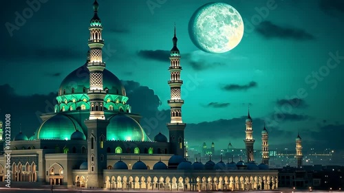 Experience the enchanting beauty of a moonlit mosque in a serene night setting with stunning architecture and tranquil surroundings photo