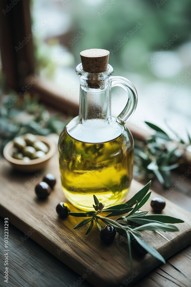 A clear glass bottle filled with olive oil is placed on a rustic wooden board surrounded by fresh olives. A clear glass bottle filled with olive oil is placed on a rustic wooden board surrounded by fresh olives.