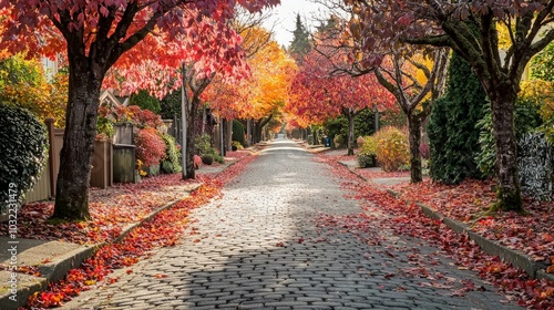 A cobblestone street lined with vibrant fall foliage, creating a picturesque autumn scene.