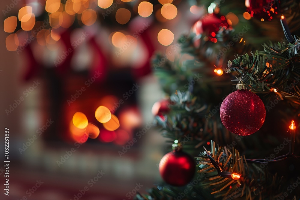 Christmas tree with a lit fireplace in the background. New Year's cozy home background with space for text. Christmas tree with a lit fireplace in the background. New Year's cozy home background with space for text.