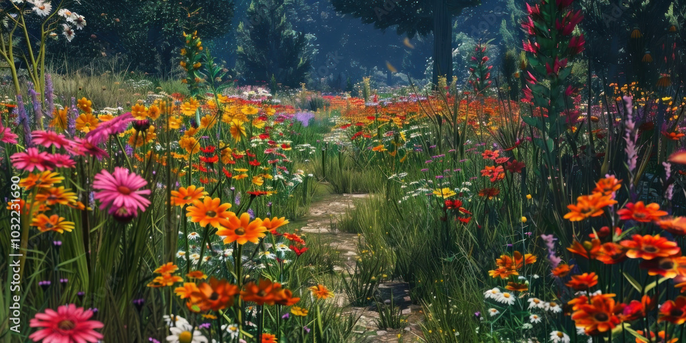A breathtaking wildflower meadow under a deep blue sky invites wanderers along its picturesque pathway A breathtaking wildflower meadow under a deep blue sky invites wanderers along its picturesque pathway