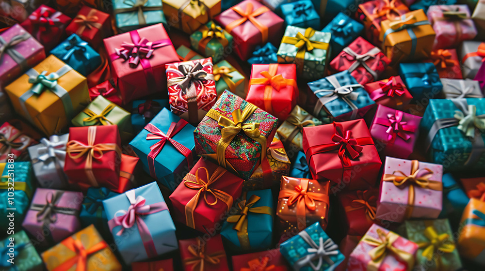 A beautiful array of colorful wrapped presents with ribbons and bows. Perfect for a festive background or holiday greeting. A beautiful array of colorful wrapped presents with ribbons and bows. Perfect for a festive background or holiday greeting.