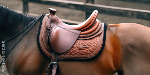 Close-up of a modern leather saddle on a horse. Background for a store of equestrian goods, ammunition and uniforms
