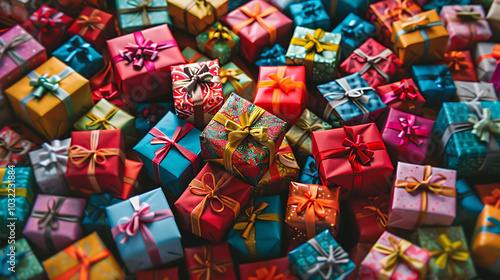 A beautiful array of colorful wrapped presents with ribbons and bows. Perfect for a festive background or holiday greeting.