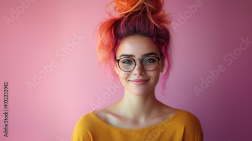 Wallpaper Mural Young woman with pink hair and glasses, wearing a yellow sweater, posing against a pink background, looking directly at the camera with a friendly smile. Torontodigital.ca