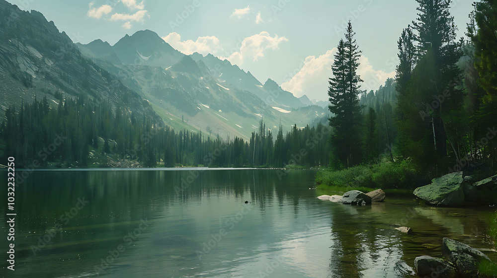 Naklejka premium The image is of a beautiful mountain lake. The water is crystal clear and reflects the sky and mountains perfectly.