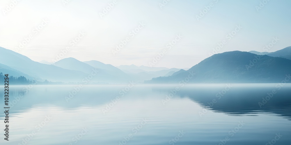 Tranquil lake reflects misty mountain range. Tranquil lake reflects misty mountain range.
