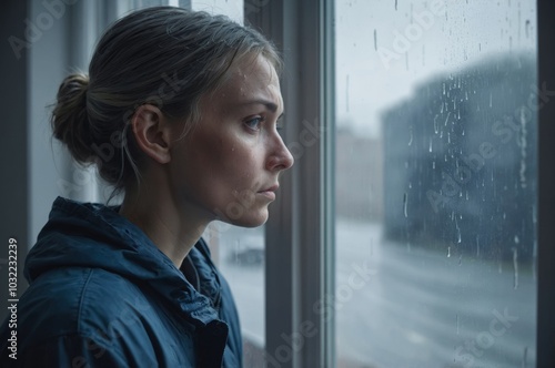 Serious Caucasian woman gazing out at rainy scene beyond window Free Download Serious Caucasian woman gazing out at rainy scene beyond window - GFXLoad