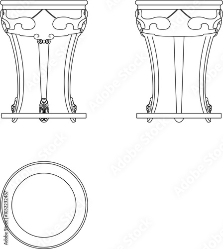 Sketch vector illustration silhouette design architectural drawing of traditional ethnic vintage vintage ornate table furniture with carvings