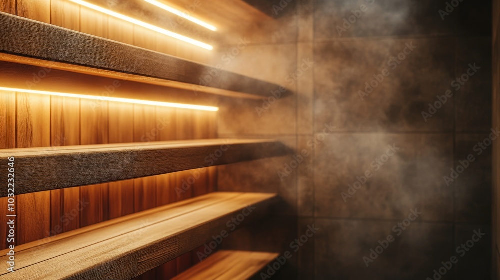 Warm wooden sauna interior with soft ambient lighting and steam for relaxation and health - water wellness Warm wooden sauna interior with soft ambient lighting and steam for relaxation and health - water wellness