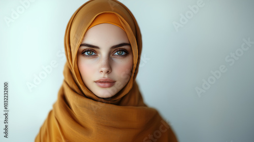 Portrait of a woman in a mustard yellow hijab, with piercing gaze, set against a neutral background.