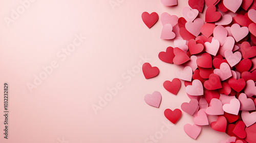 Pile of red and pink paper hearts on light pink background | Love and romance concept for Valentine's Day.